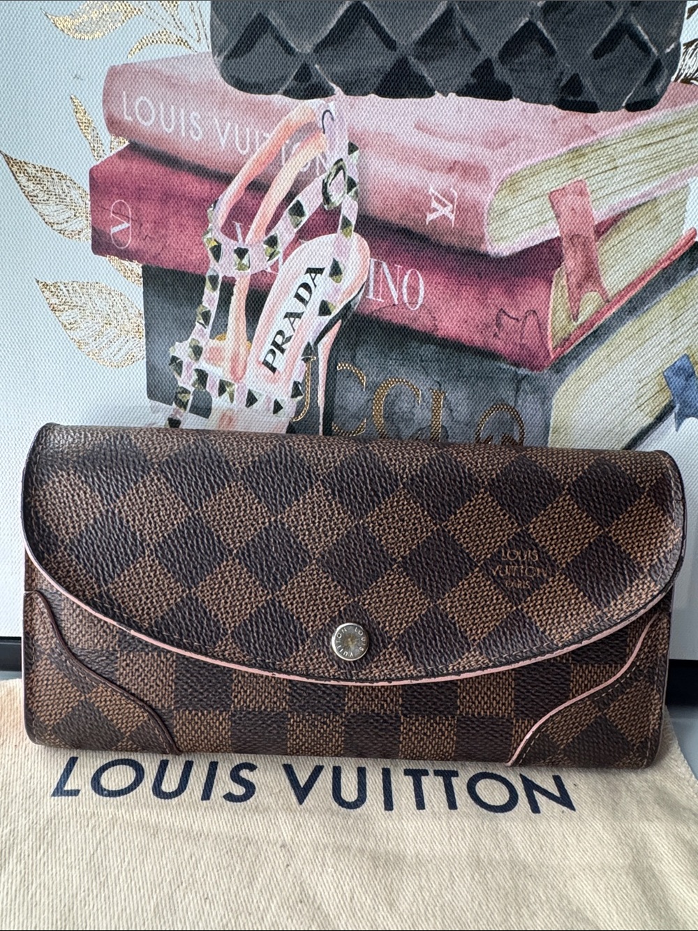 Louis Vuitton Brown Damier Ebene Wallet with Pink Trim